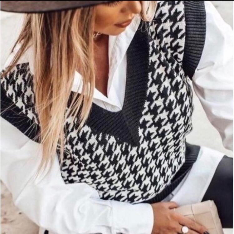 Colete Tricot Pied Poule Modinha Blogueira Inverno Feminino Top