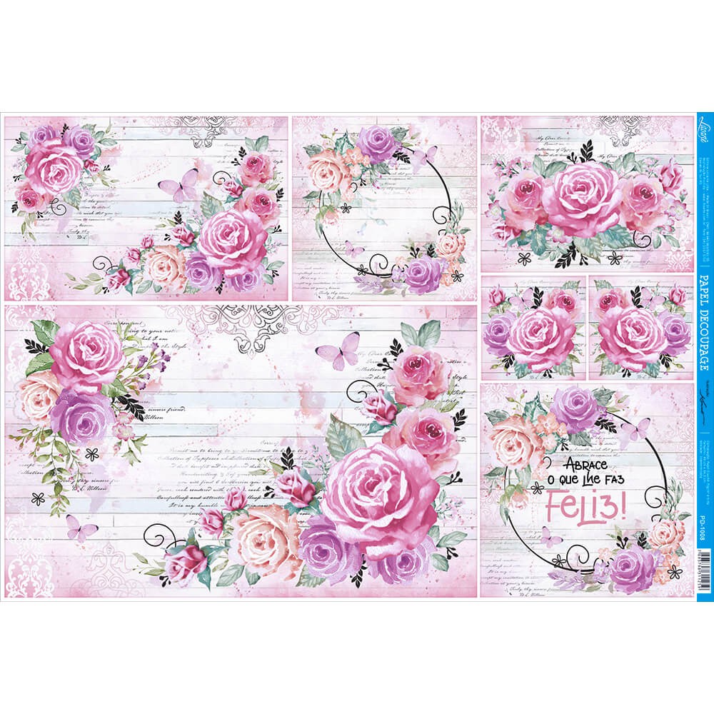 Papel Decoupage Grande X Cm Rosas Aquarela Pd Litoarte