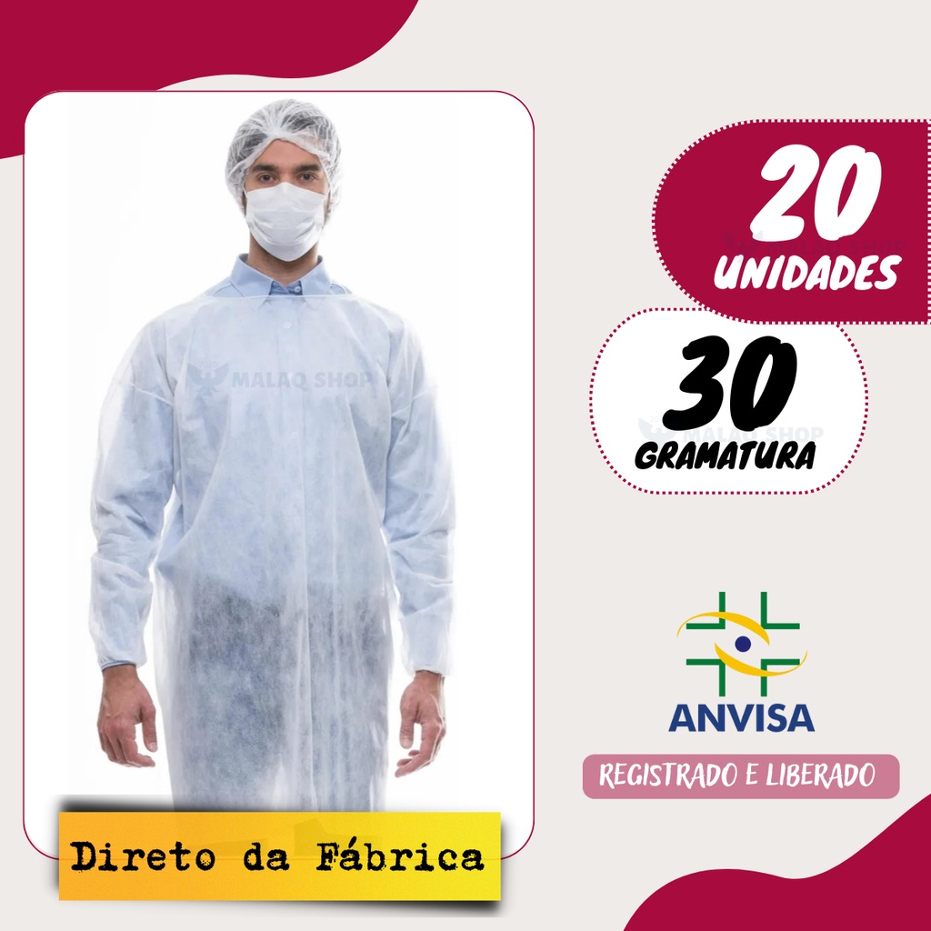 Kit 20 Aventais Descartavel Manga Longa TNT Branco Gramatura 30