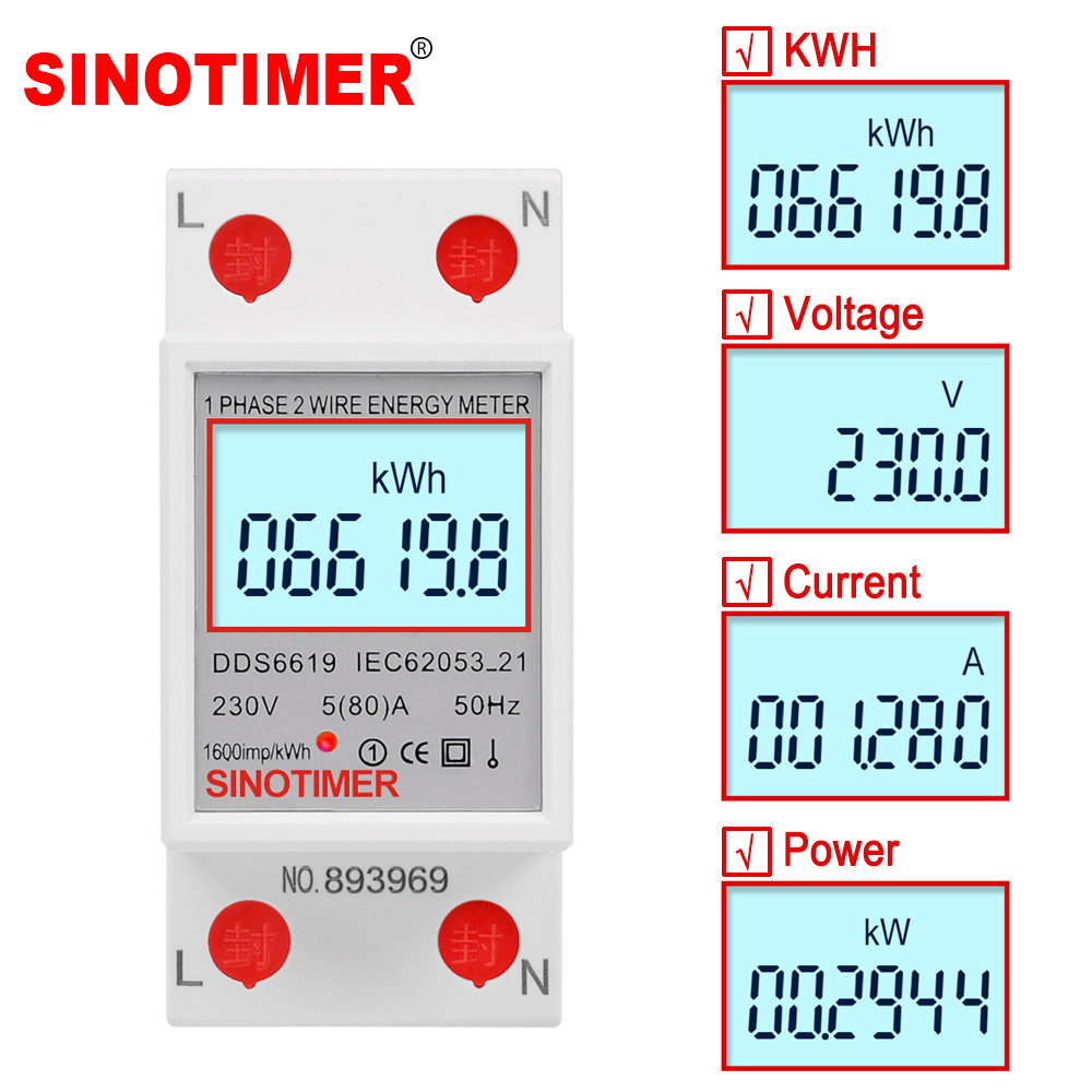 Monofásico LCD de dois fios Display digital Wattímetro Consumo de