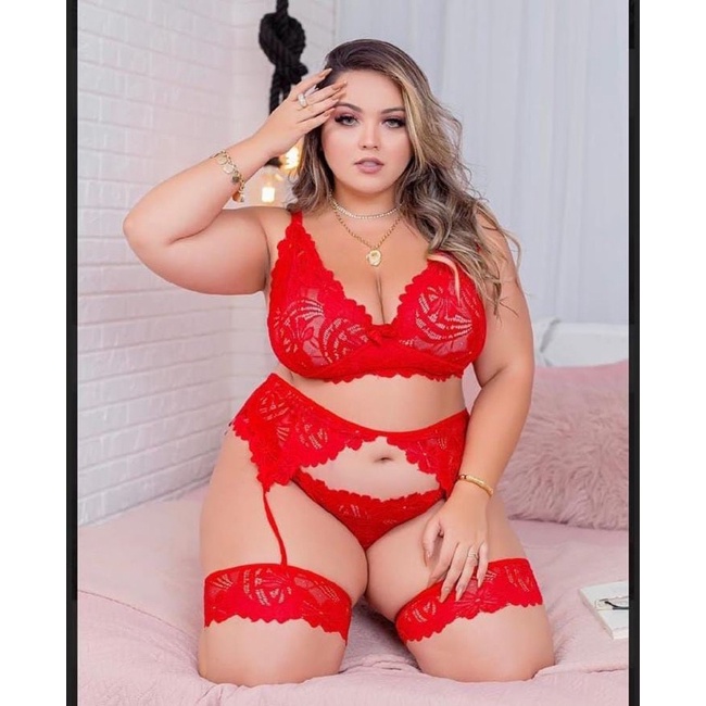 Conjunto Plus Size Lingerie Sensual Em Renda Cinta Liga E Perneira