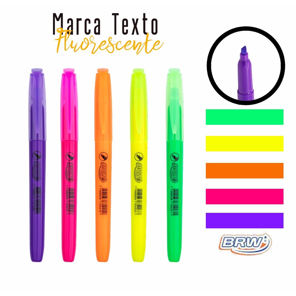 Kit Caneta Marca Texto 5 Cores Fluorescente BRW Escorrega o Preço