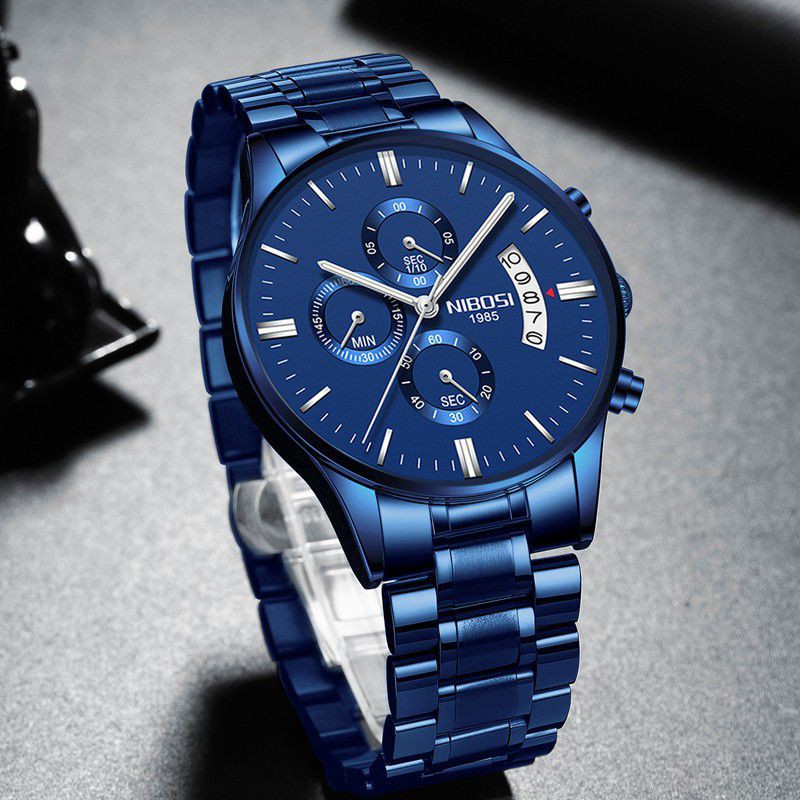 relógio masculino luxo original nibosi azul aço inoxidável