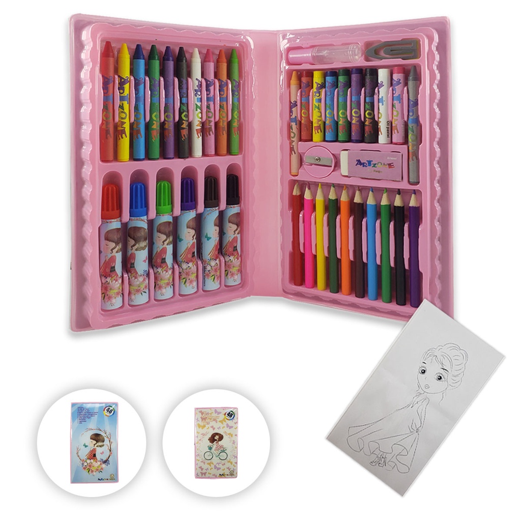 Kit Maleta Escolar Rosa Estojo Infantil Pintura 48 Pcs Para Colorir