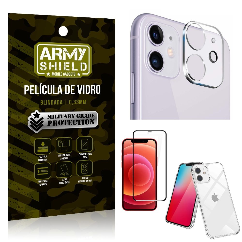 Kit Película de Câmera iPhone 12 6.1 + Película 3D + Capa Anti Impacto - Armyshield