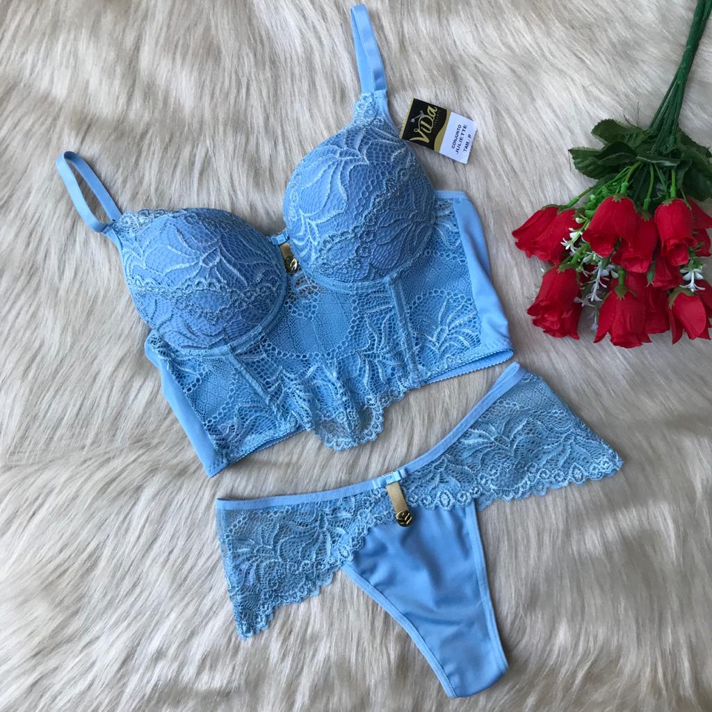 Conjunto Lingerie Espera Marido Suti Calcinha Cropped Renda Fio Sexy