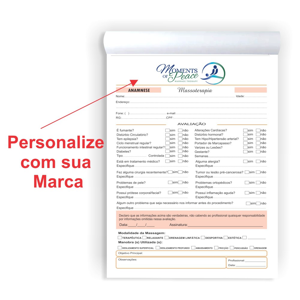 Ficha De Anamnese Massoterapia Personalizada Bloco Folhas X