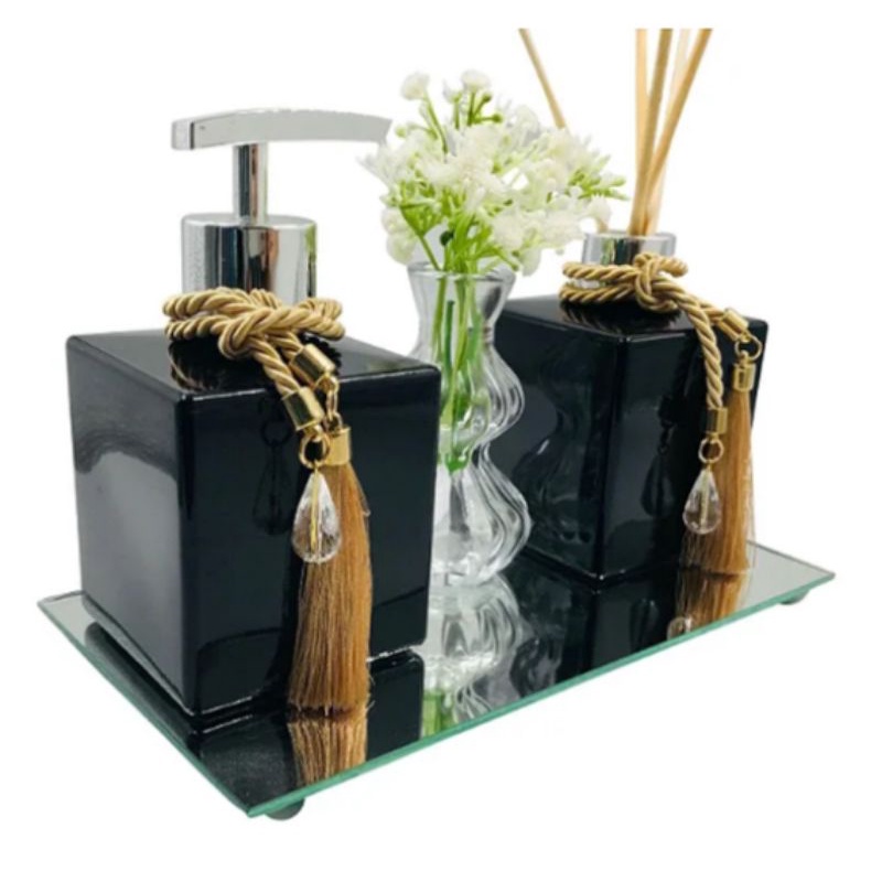 Kit Lavabo Banheiro Linha Classic Luxo Cubo Preto Bandeja