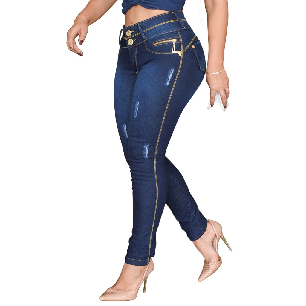 Moda Roupa Calça Jeans Lycra Stretch Ziper Cintura Cós Linda Estilo Elastano Promoção Barata