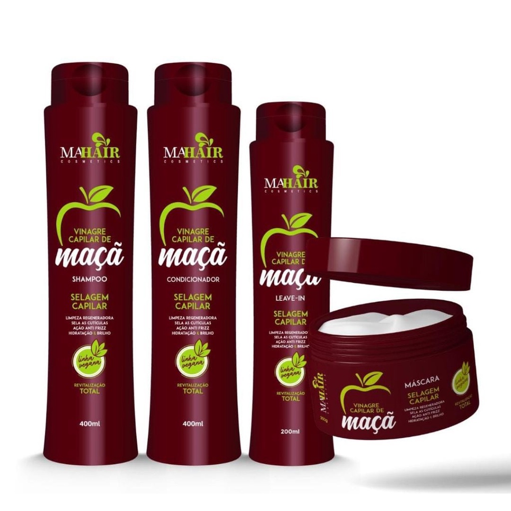 Kit Vinagre de Maçã Mahair 4 itens Shampoo Condicionador Máscara e