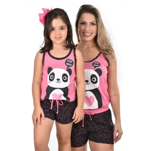 Kit Mãe e Filha Pijama Curto Panda Baby Doll Malha De Alta Qualidade