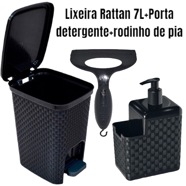 Kit Lixeira Rattan Litros Preta C Pedal Porta Detergente Rodinho