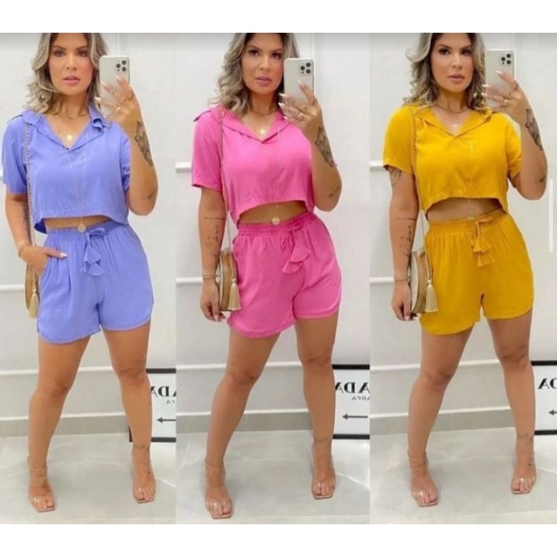 Conjunto Feminino Viscolinho Short E Cropped Estilo Camisa Shopee Brasil