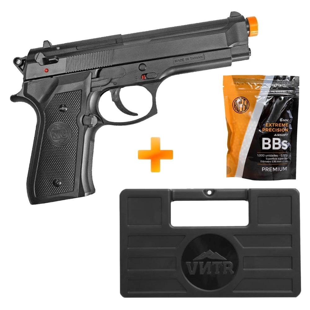 Combo Pistola Airsoft Spring Beretta M92 KWC Case BBs Escorrega O