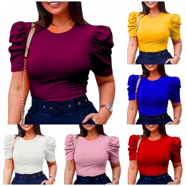 Blusa Feminina Malha Canelada Manga Curta Bufante Princesa Shopee Brasil