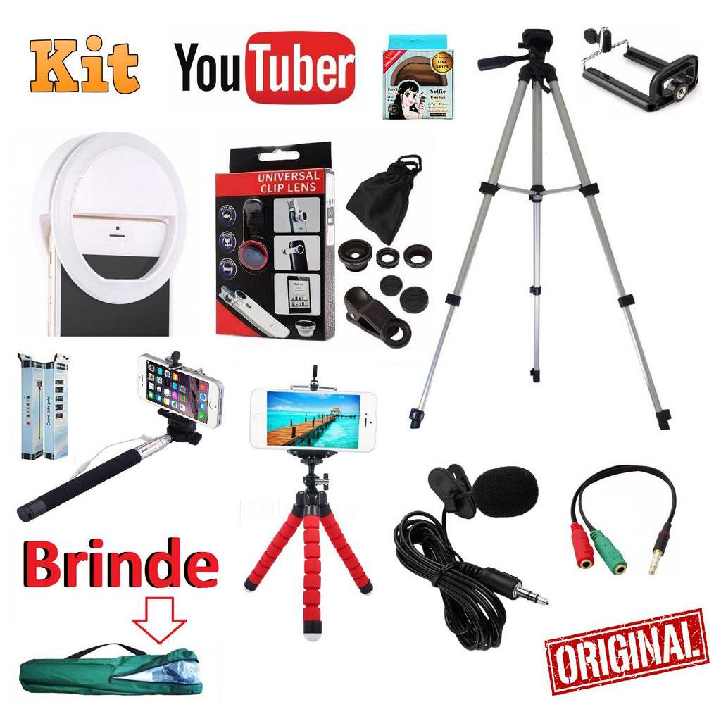 Kit Youtuber 8x1 Tripé Ring Light Microfone Lapela Celular Bastão