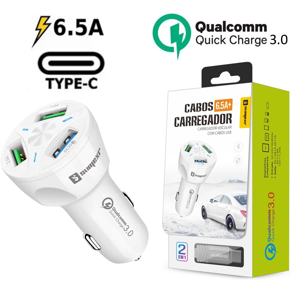 Carregador Veicular Turbo 3 USB Branco - Tipo C Para Motorola, Samsung, Xiaomi, LG, Asus