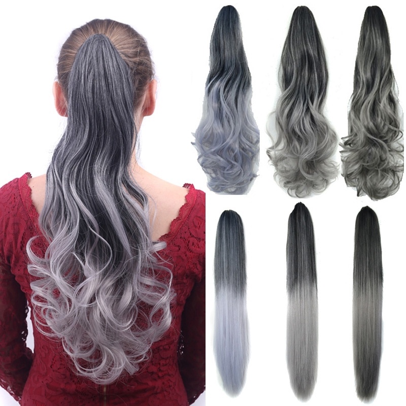 22inch 150g Ombre Gray Long Straight Curly Wavy Claw Clip In Ponytail