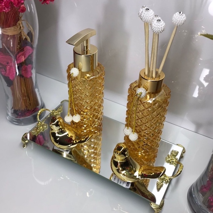 Kit Lavabo Banheiro Super Luxo Dourado Saboneteira Difusora