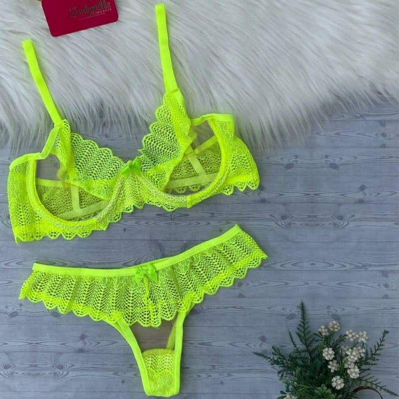 Conjunto Lingerie Tule Transpar Ncia Neon Meia Ta A Calcinha Suti