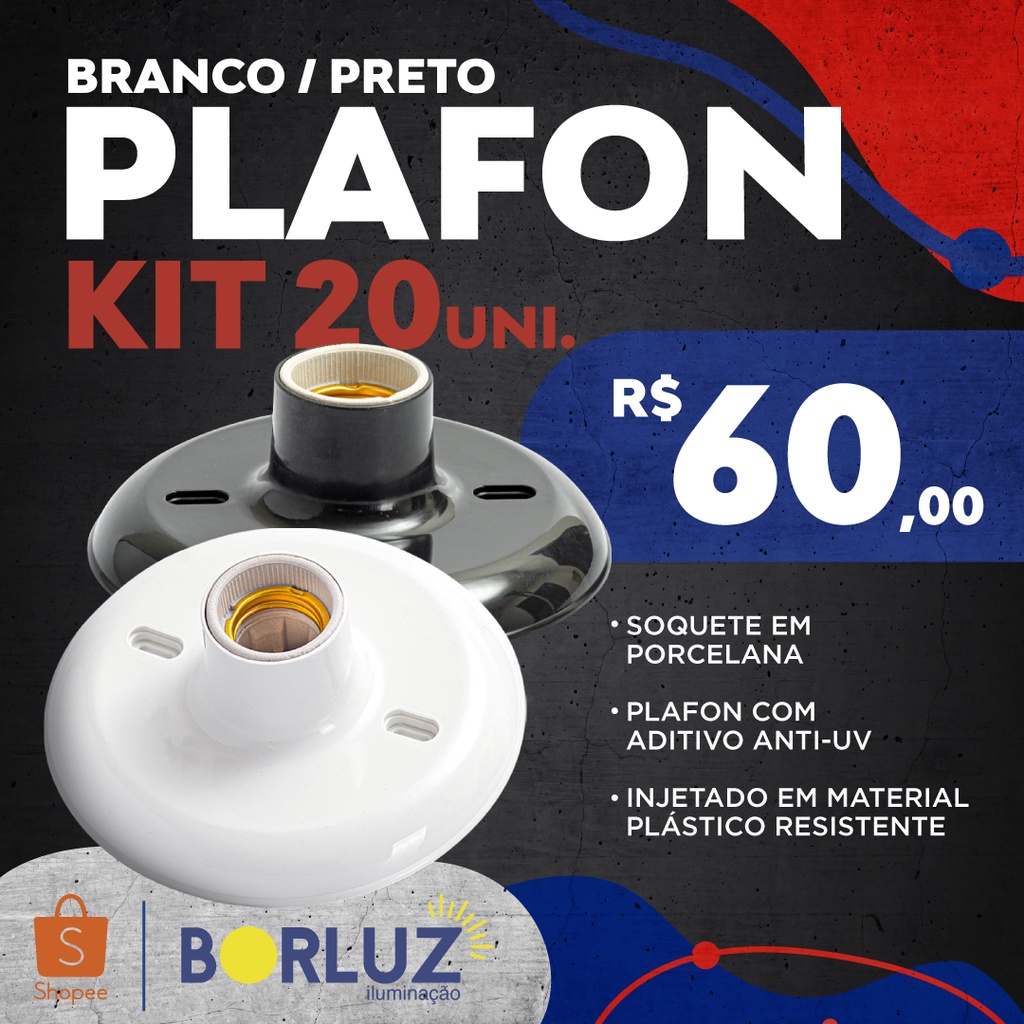 Kit 20 Plafonier Plafon Branco 100w E27 Bocal Porcelana Shopee Brasil