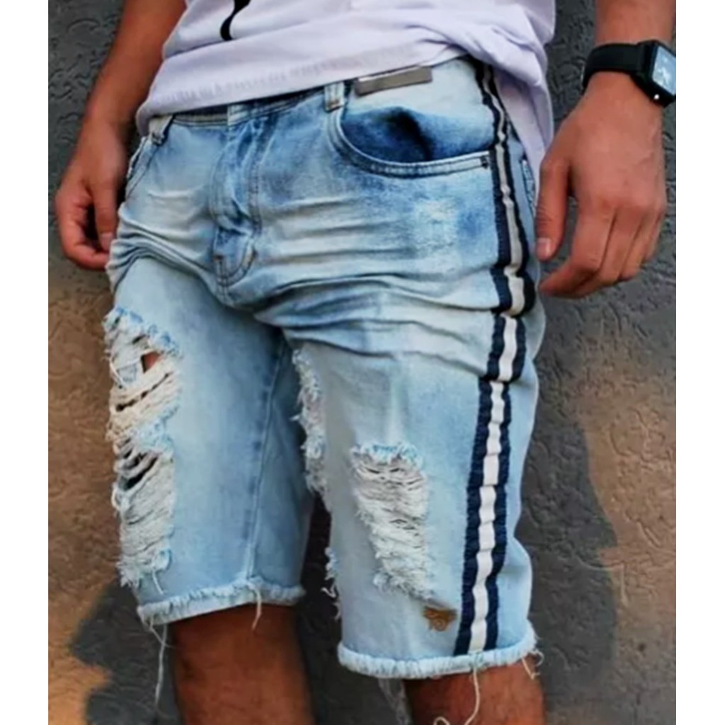 Bermuda Jeans Destroyed Rasgada Desfiada Com Listra Faixa Lateral Customizada.