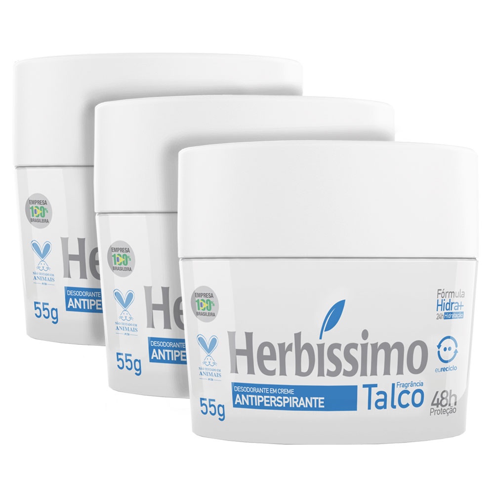 Kit C 3 Desodorante em Creme Herbíssimo Antitranspirante Talco 55g