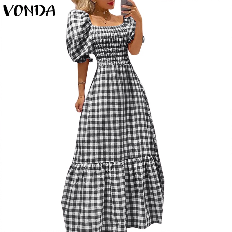 Vonda Vestido Maxi Plissado Casual Xadrez Gola Quadrada E Mangas