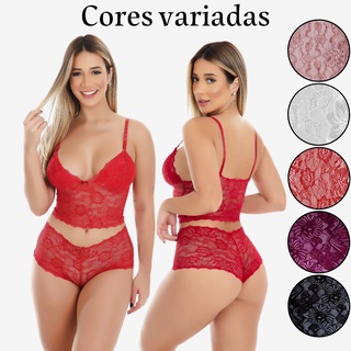 Conjunto Lingerie De Renda Espera Marido Cropped E Calcinha Short Sexy