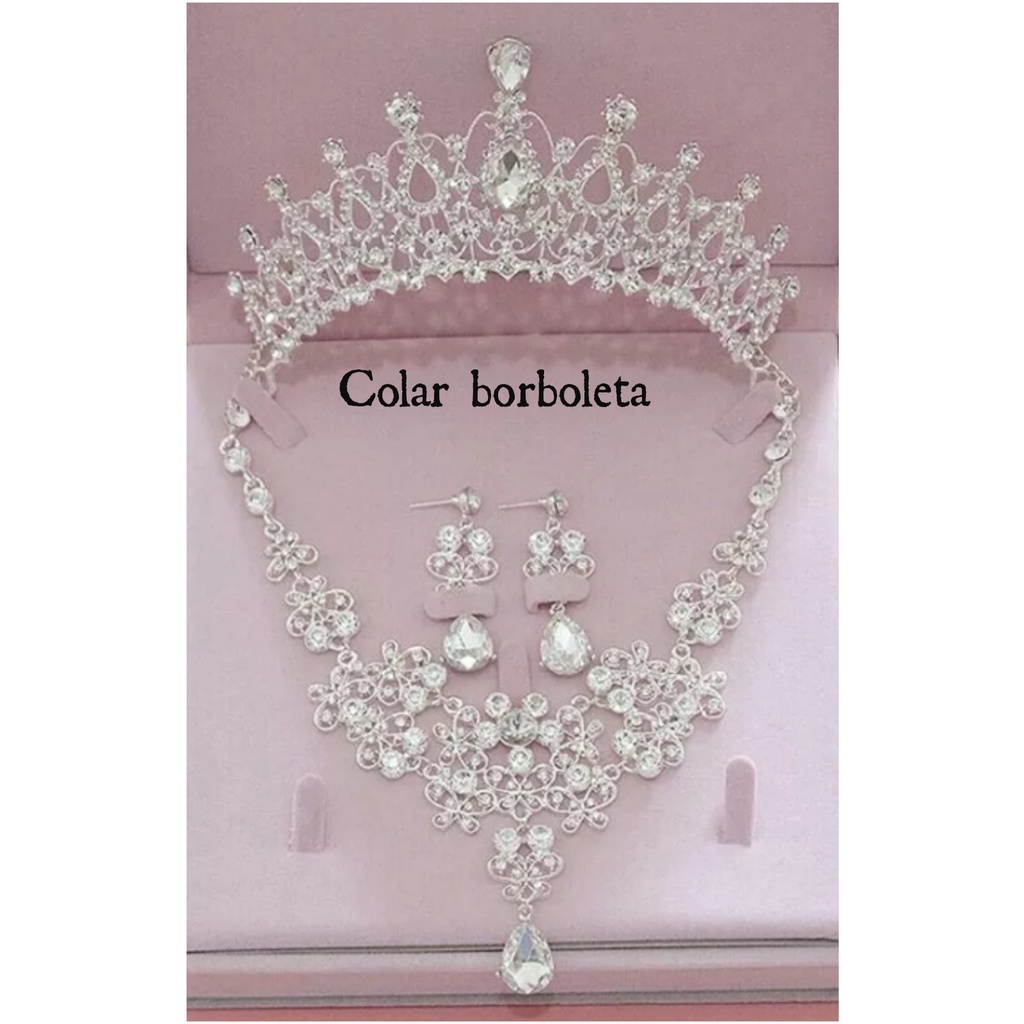 Tiara Porta Coque Arranjo Cabelo Coroa Colar Brinco Noiva Debutante