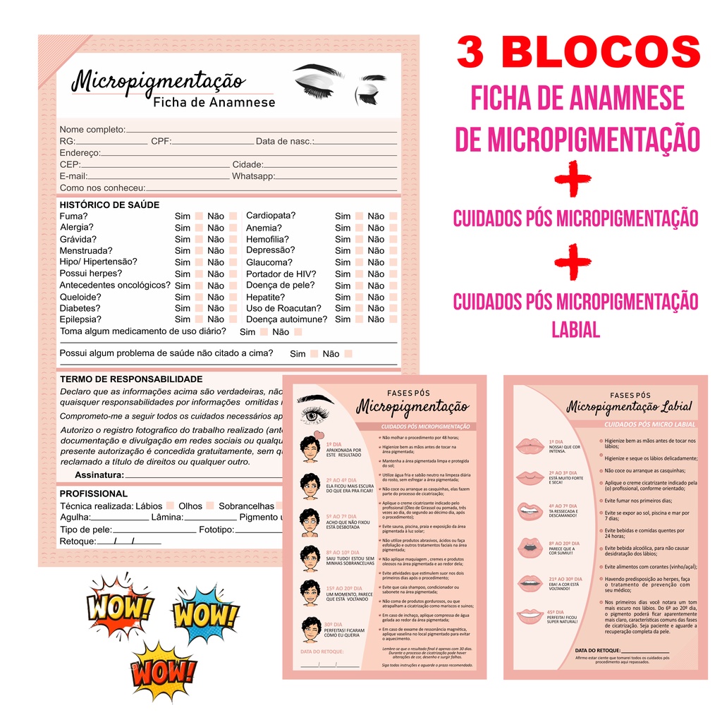 Kits Ficha Anamnese Micropigmentação blocos Cuidados Cliente Todos Blocos Personalizados