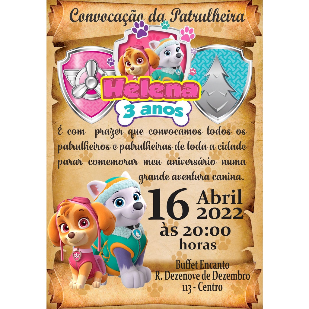 Convite Patrulha Canina Everest E Sky Anivers Rio Infantil Convite