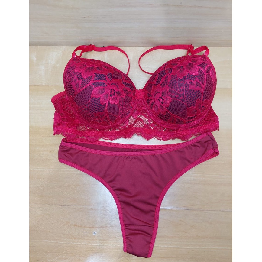 Conjunto De Lingerie Rendado Vermelho Unidade Shopee Brasil