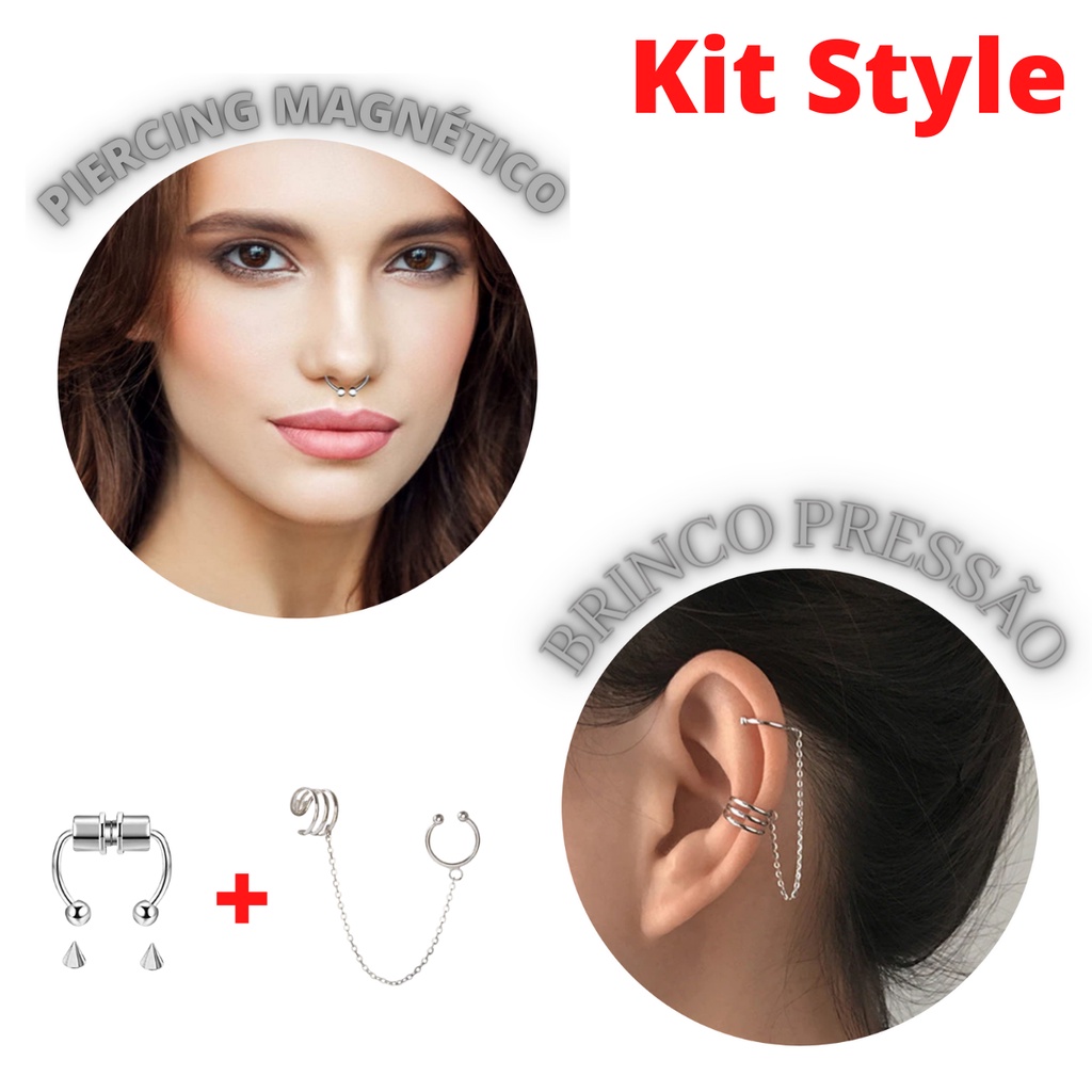 Kit Piercing Magnético Falso Brinco Manguito de Pressão Escorrega o