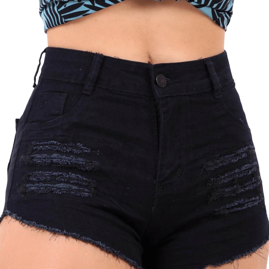 Short Jeans Feminino Preto Hot Pants Cintura Alta Barra Desfiada