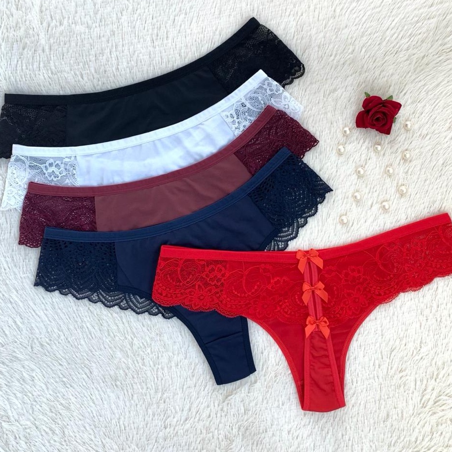 Kit 5 Calcinhas Plus Size Tanga Fio Dental Renda Lingerie Shopee Brasil