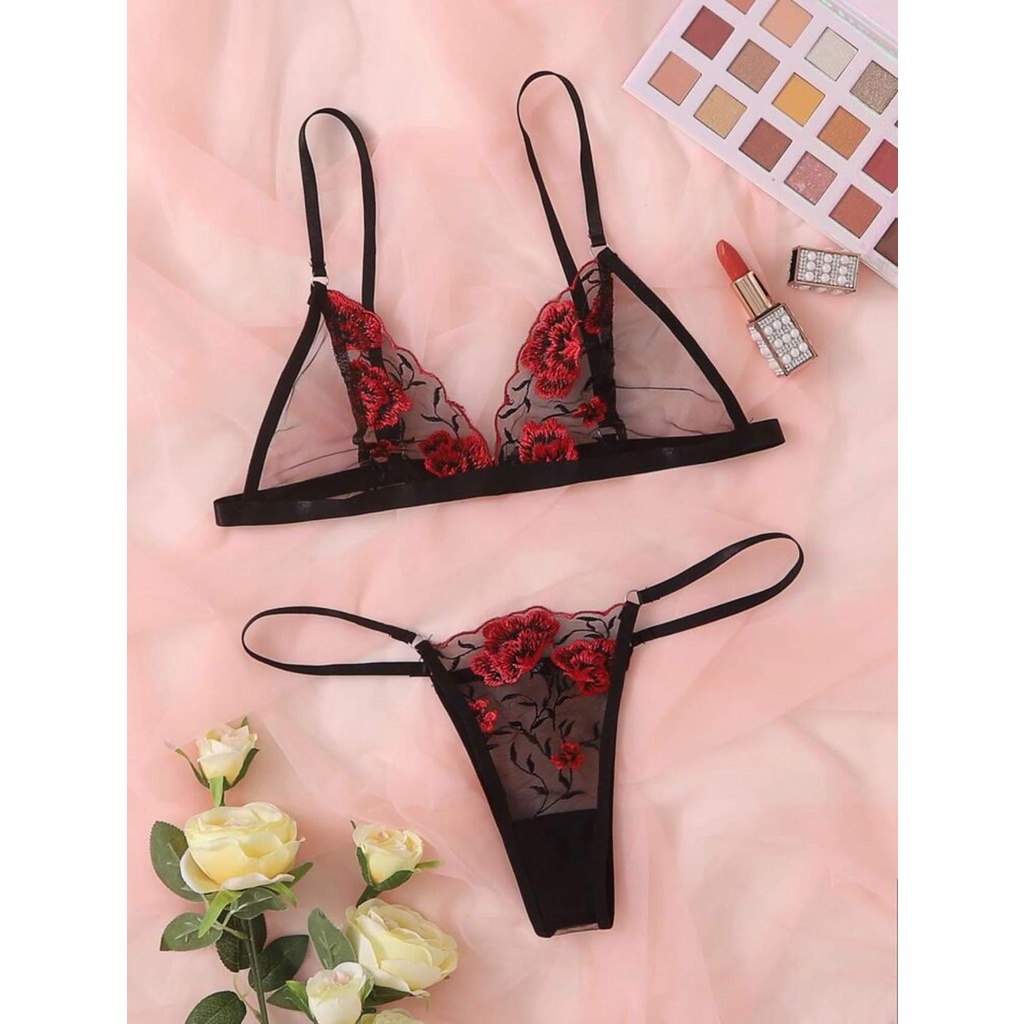 Conjunto De Lingerie Em Tule Luxo Detalhes Em Bordado Lingerie Sexy