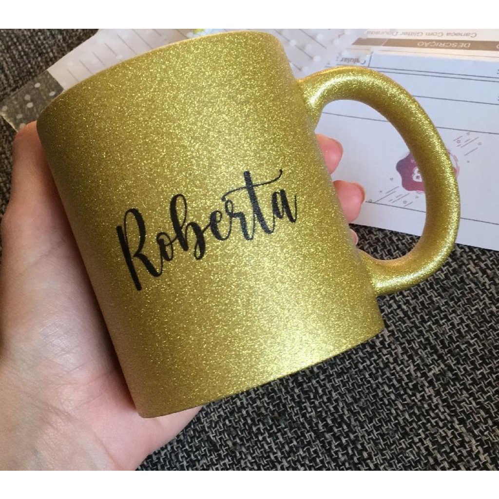 Caneca Glitter Dourada Personalizada De Porcelana Nome Frase