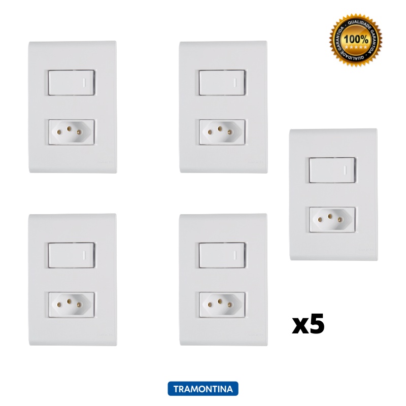 KIT 5 Conjuntos 4x2 1 Interruptor Simples 10A E 1 Tomada 2P T 10A