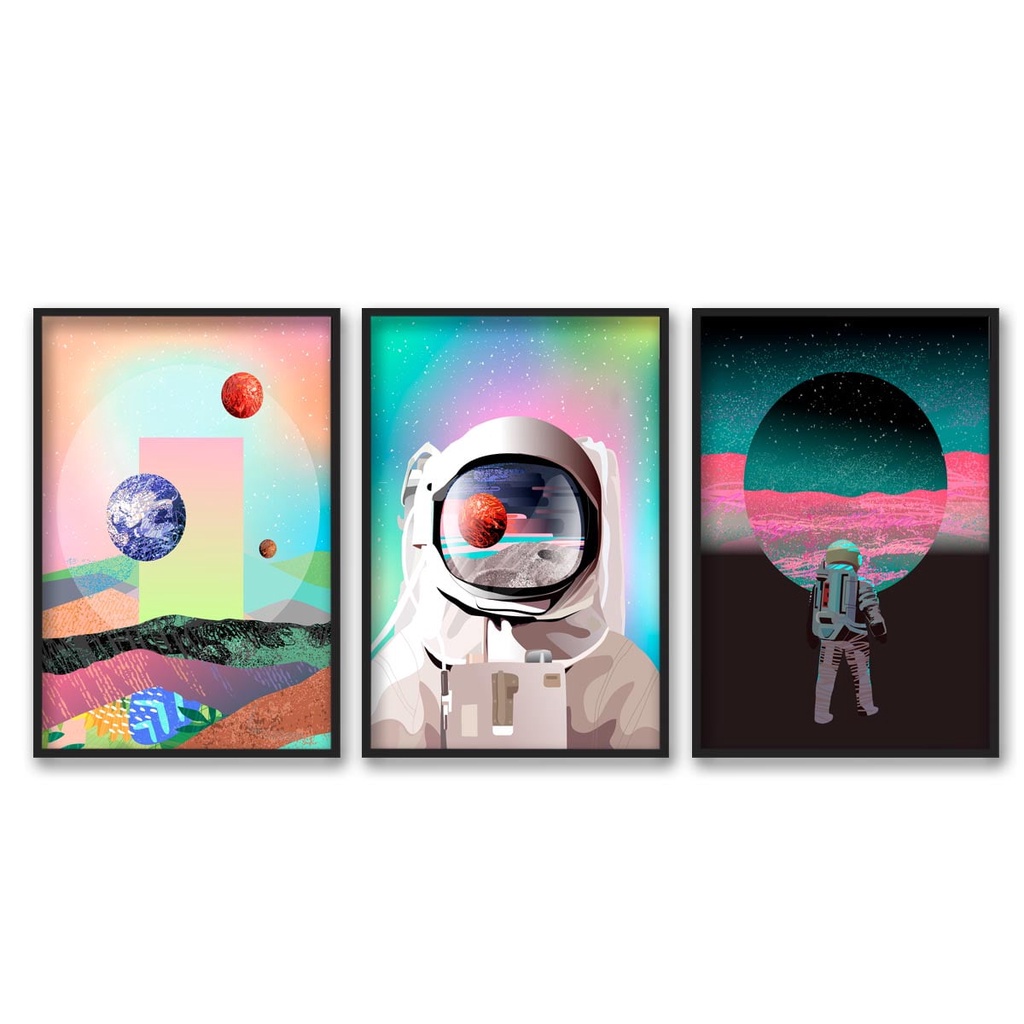 Kit Quadros Decorativos Astronauta Moderno Abstrato Colorido Sala