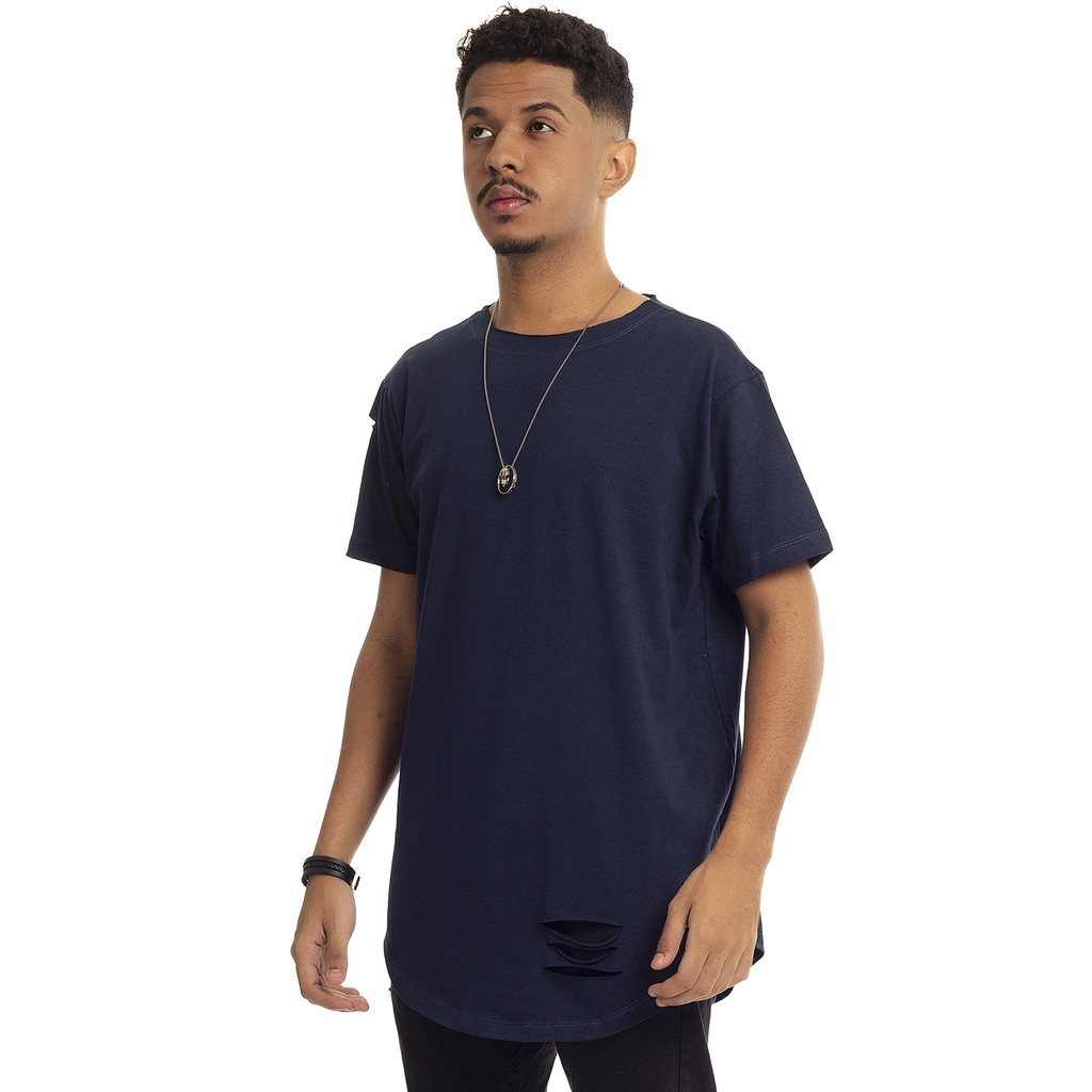 Camisa Longline Oversized Redonda Destroyed Rasgada Azul Marinho Meio