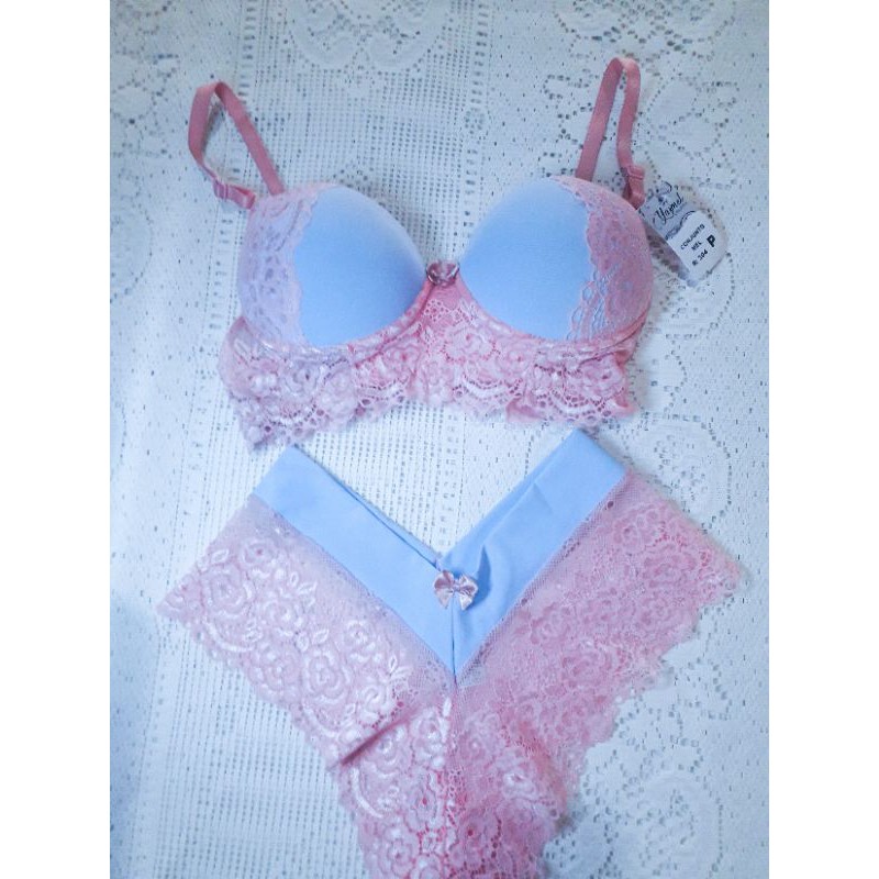 Conjunto Lingerie Rosa E Azul De Renda E Bojo Shopee Brasil