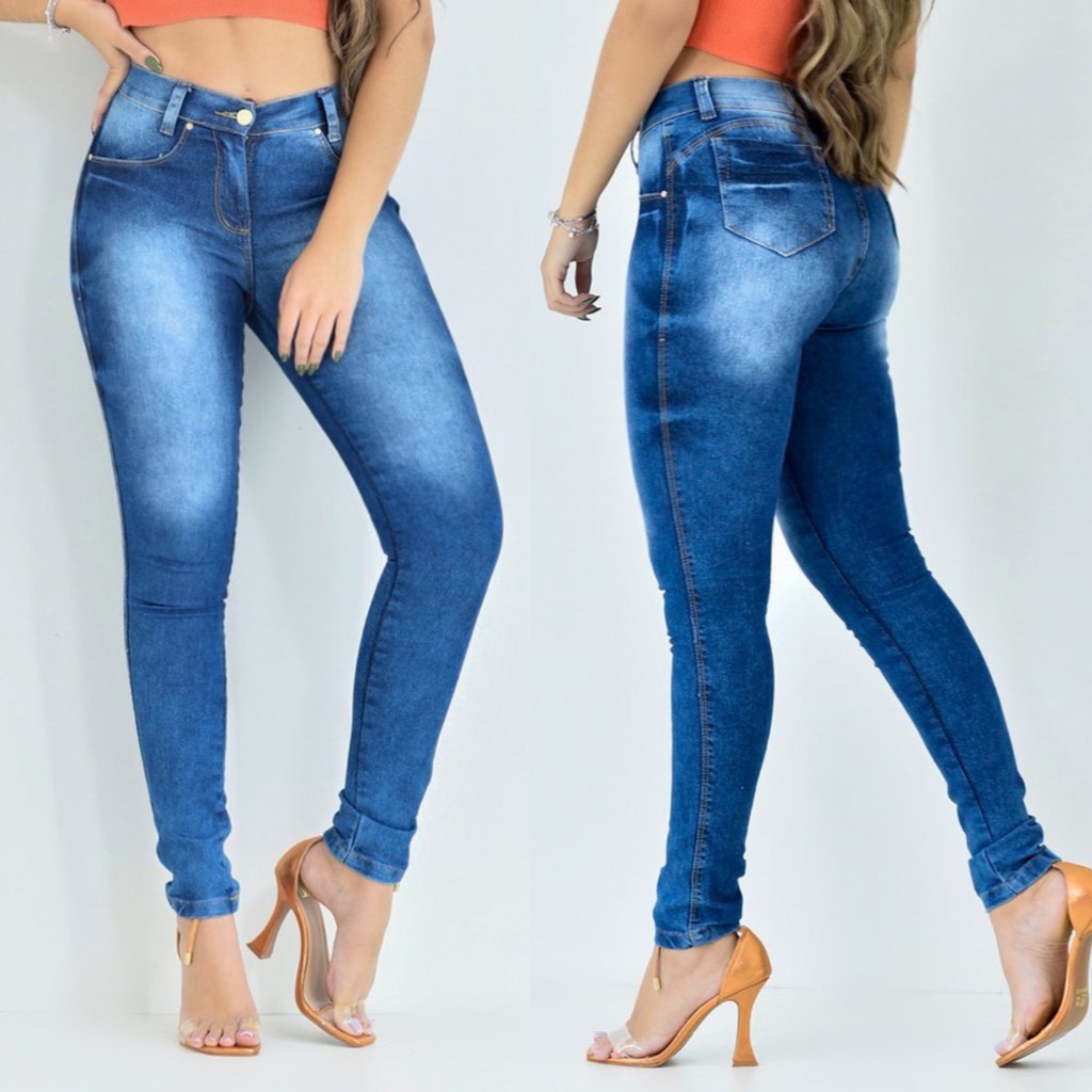 Calça Jeans Feminina Cintura Alta Empina Bumbum Algodão Poliester