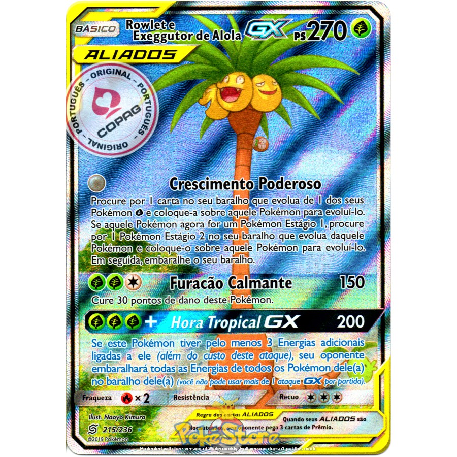 Carta Pokemon Rowlet e Exeggutor de Alola GX Aliados Full Art Português