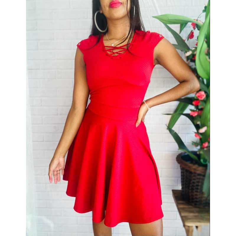 Vestido Vermelho Midi Rodado Manga Curta Shopee Brasil