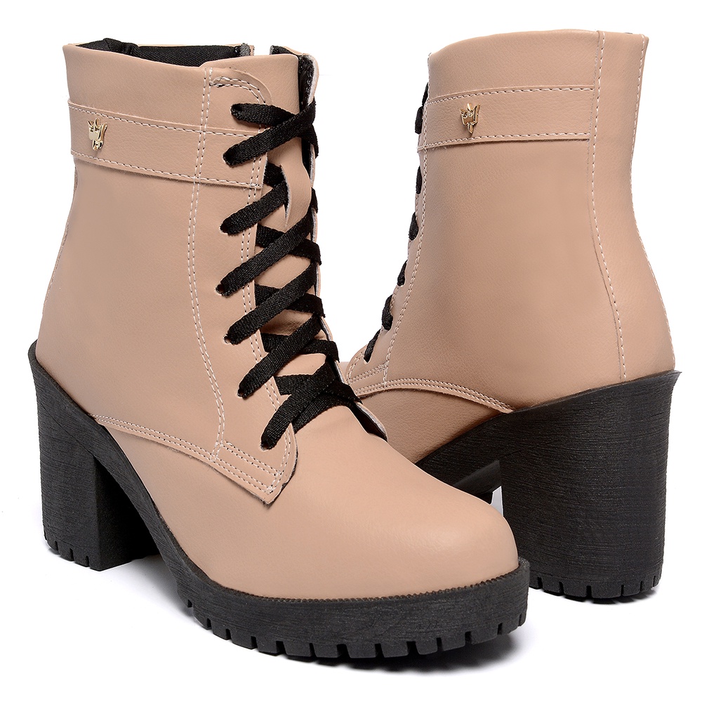 Bota Nude Rosa Bege Rose Coturno Feminino Cano Curto Salto M Dio