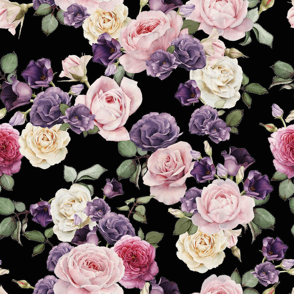 Papel De Parede Floral Fundo Preto E Flores Em Tons De Rosa E Roxo