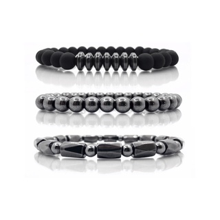 Kit 3 Pulseiras Masculinas Luxo Pedra Hematita Bolinha Preto Fosco