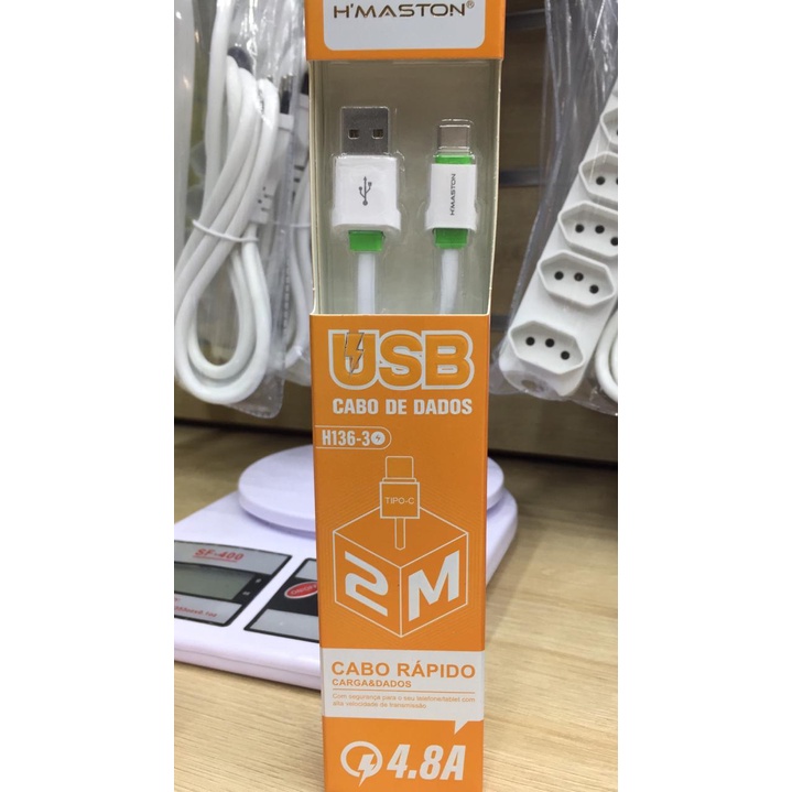 Cabo USB CARGA E DADOS 4 8A HMASTON PARA V8 TIPO C IOS DE 2 Metros