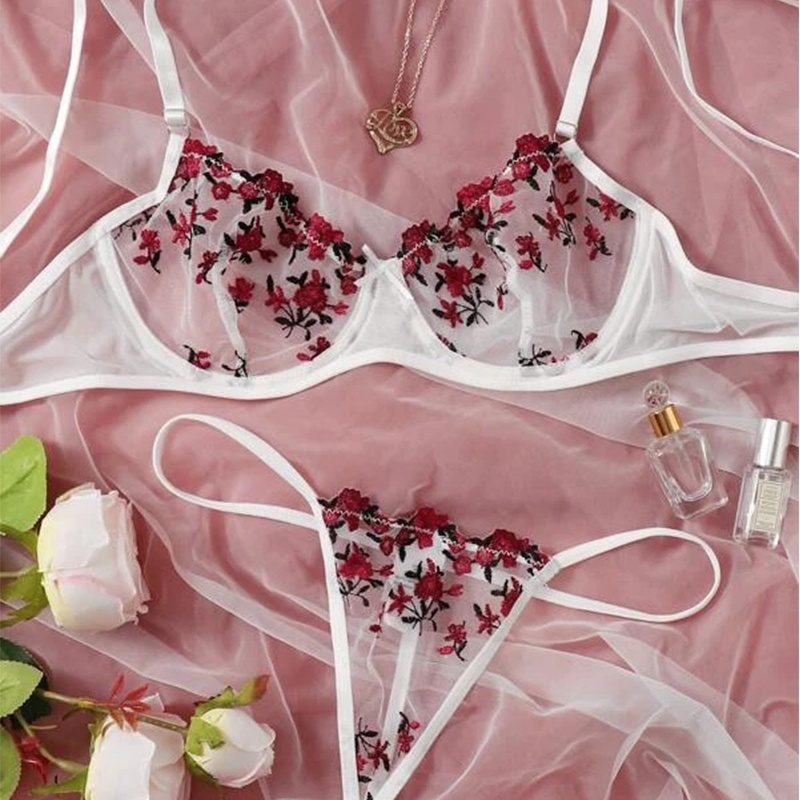 Conjunto De Lingerie Feminina Calcinha Tanga De Renda Bordada